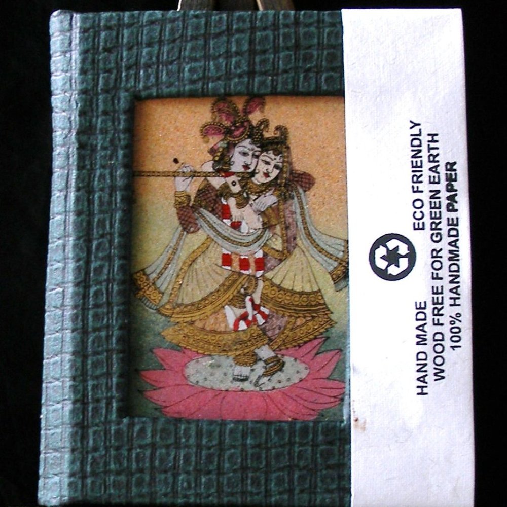 Krishna Crushed Gemstones Painted On Glass Handcrafted Blank Book 5x4x.5 Journal